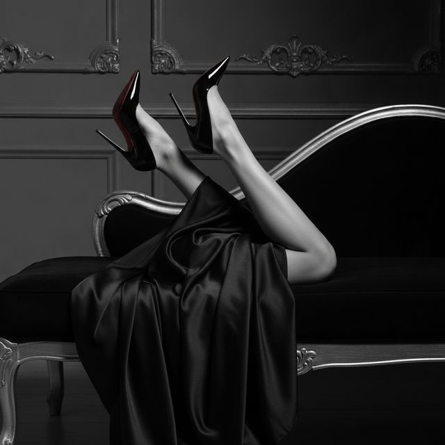 Redonnoir Fine-Art Foto ‚Salon Rouge‘ — elegante Frau in Schwarz mit rot lackierter Stiletto-Sohle, Salon Rouge, editorial Schwarzweiss mit rotem Farbakzent.