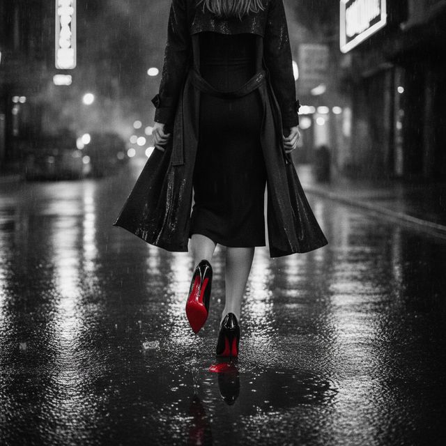 Redonnoir Fine-Art Foto ‚Asphalt-Ballett‘ — elegante Frau in Schwarz mit rot lackierter Stiletto-Sohle, Asphalt Ballet, editorial Schwarzweiss mit rotem Farbakzent.